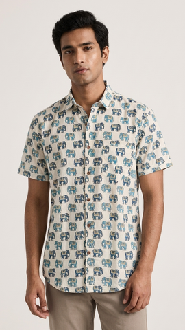 Traditional Vintage Elephant Print Cotton Shirt for Men