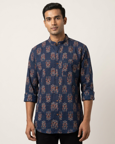 Ajrakh Print Mandarin Collar Cotton Shirt for Men