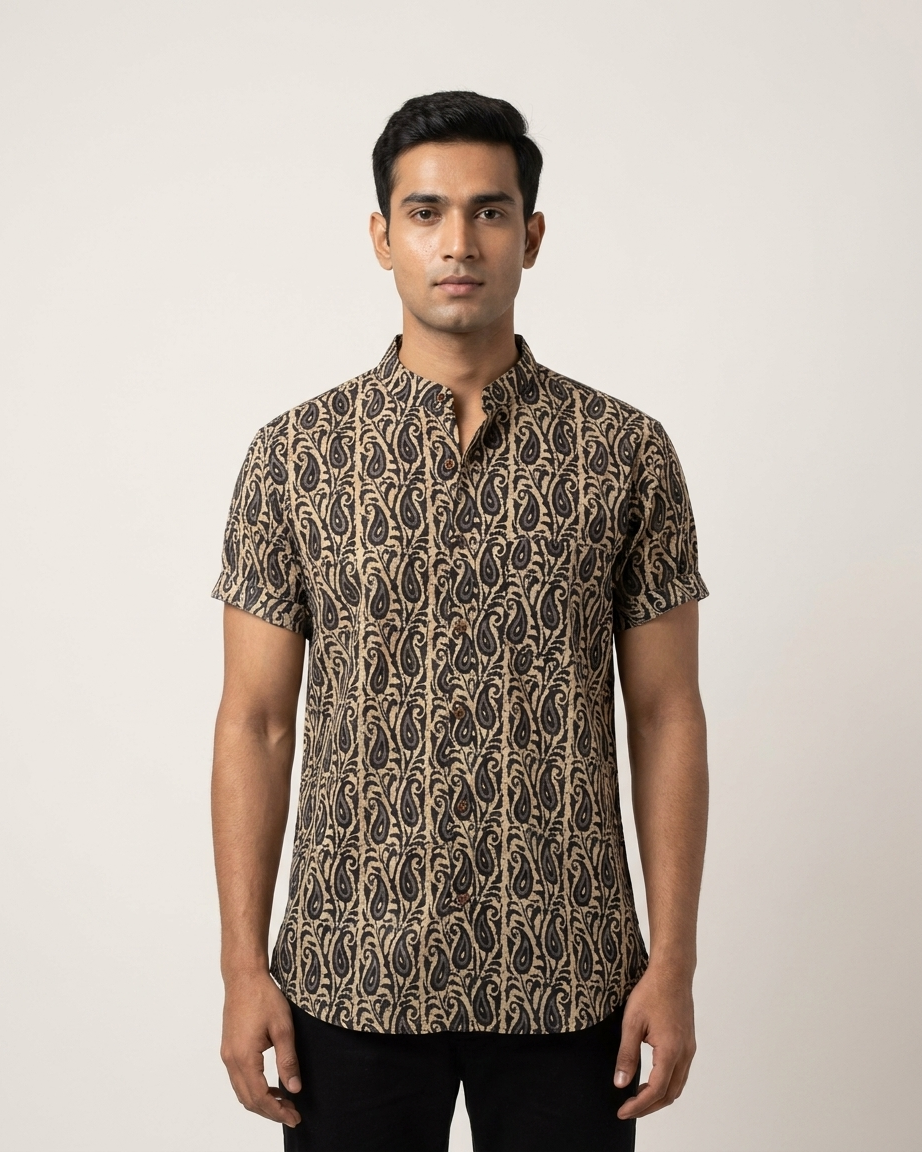 Kalamkari Print Half Sleeve Cotton Shirt for Men - Artist Edit