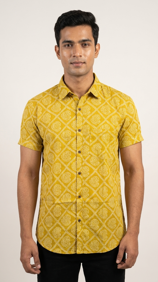 Bandhej Print Classic Cotton Shirt for Men - Mehandi Ceremony