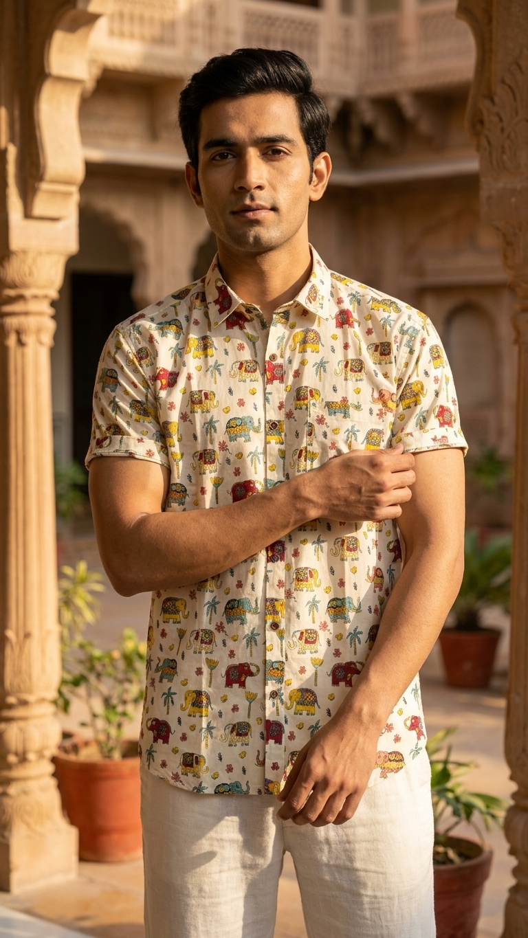 Traditional Elephant Print Cotton Shirt For Men