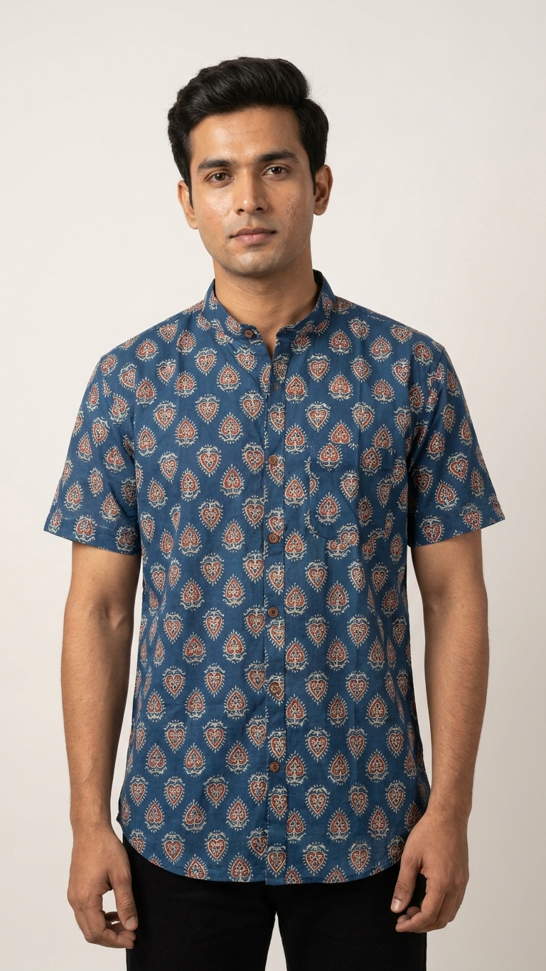 Traditional Mandarin Collar Floral Cotton Shirt for Men