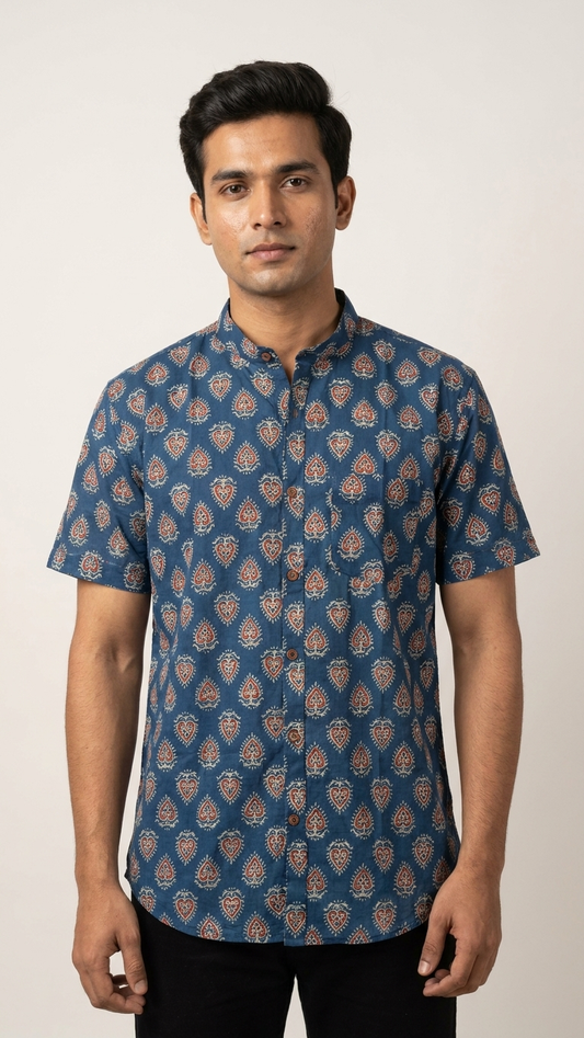 Traditional Mandarin Collar Floral Cotton Shirt for Men