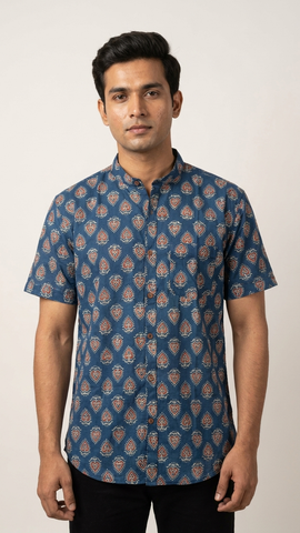Traditional Mandarin Collar Floral Cotton Shirt for Men