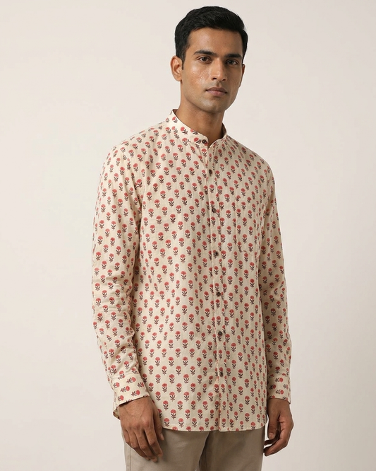 Floral Print Mandarin Collar Cotton Shirt for Men