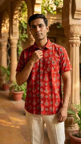 Batik Print Traditional Cotton Shirt For Men - By Kartikeya Jaipur