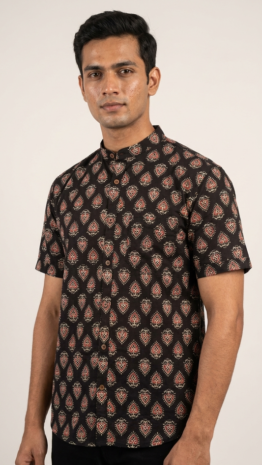 Kalamkari Print Half Sleeve Cotton Shirt for Men - Mandarin