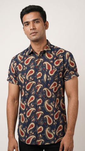 Short Sleeve Kalamkari Print Cotton Shirt For Men