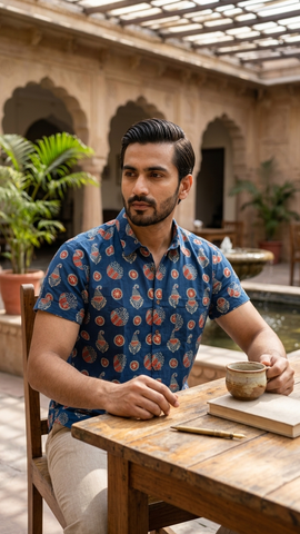 Batik Print Traditional Cotton Shirt For Men - By Kartikeya Jaipur