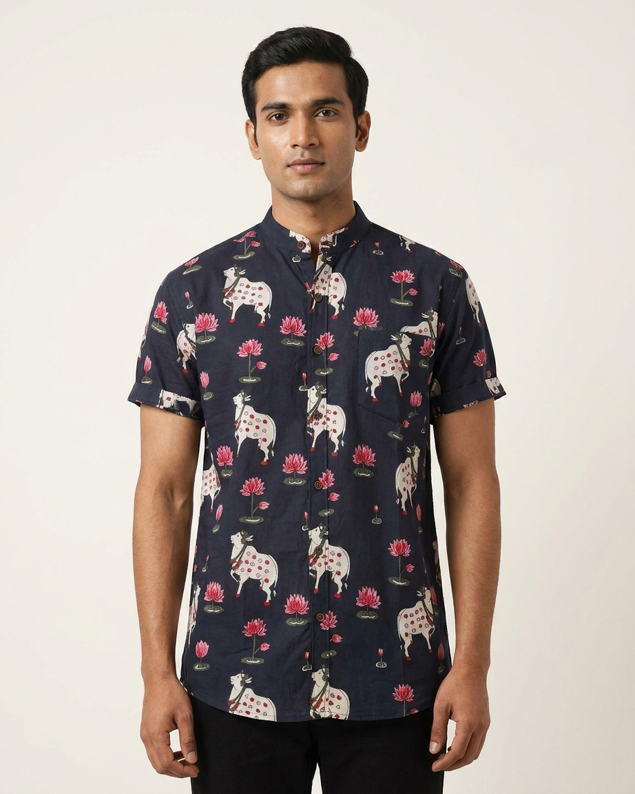 Pichwai Cow Half Sleeve Cotton Shirt for Men