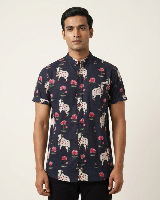 Pichwai Cow Half Sleeve Cotton Shirt for Men