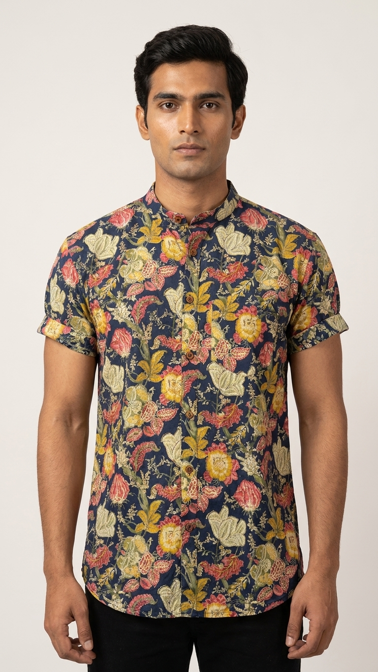 Mandarin Collar Floral Cotton Shirt for Men - Goa Edit