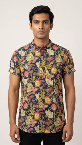 Mandarin Collar Floral Cotton Shirt for Men - Goa Edit
