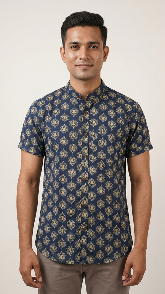 Mandarin Collar Floral Cotton Shirt for Men - Festive Edit