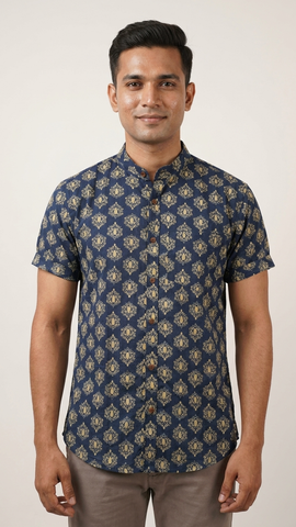 Mandarin Collar Floral Cotton Shirt for Men - Festive Edit