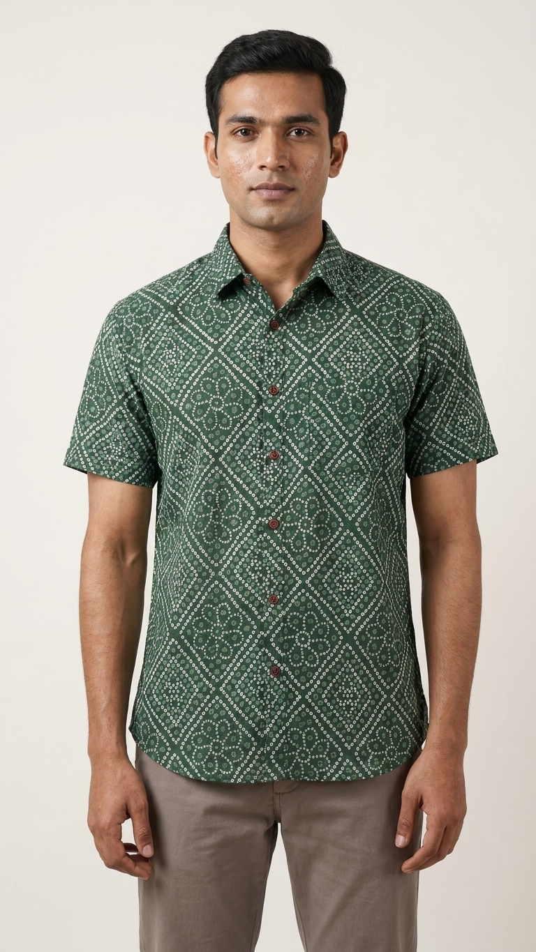 Mens Handcrafted Bandhej Print Cotton Shirt - Mehndi Ceremony