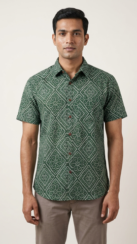 Mens Handcrafted Bandhej Print Cotton Shirt - Mehndi Ceremony