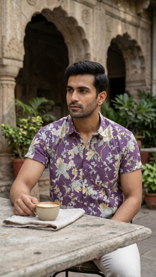 Purple Classic Floral Print Shirt For Mens By Kartikeya Jaipur - Goa Vibe