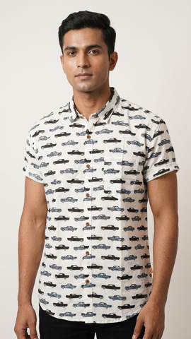Handcrafted Car Print Vintage Cotton Shirt for Men