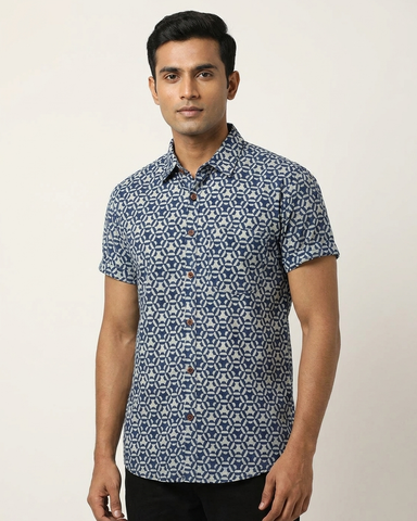 Indigo Print Cotton Half Sleeves Shirt for Men - Limited Edition