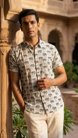 Traditional Elephant Print Cotton Shirt For Men
