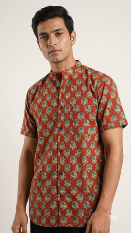Floral Print Half Sleeve Cotton Shirt for Men - Mandarin