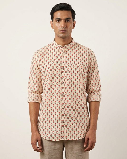 Small Floral Print Mandarin Collar Cotton Shirt for Men