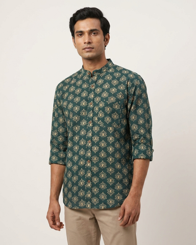 Floral Print Mandarin Collar Cotton Shirt for Men