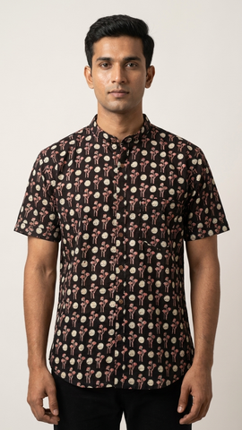 Polka Mandarin Collar Floral Cotton Shirt for Men