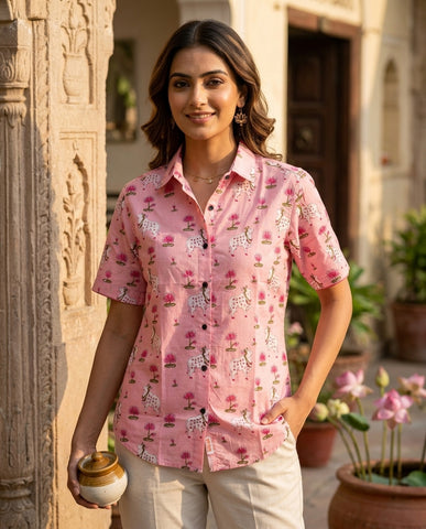 Pichwai Cow Printed Cotton Half Sleeve Shirt For Women