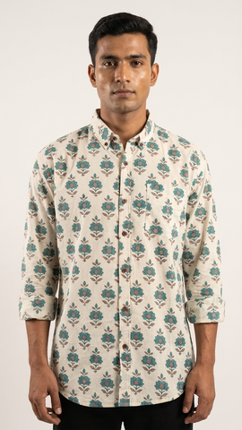 White Floral Print Cotton Full Sleeves Shirts for Men
