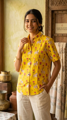 Pichwai Cow Printed Cotton Half Sleeve Shirt For Women