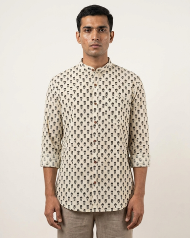Small Floral Print Mandarin Collar Cotton Shirt for Men