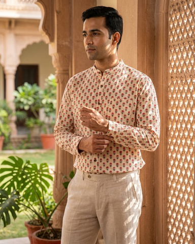 Small Floral Print Mandarin Collar Cotton Shirt for Men