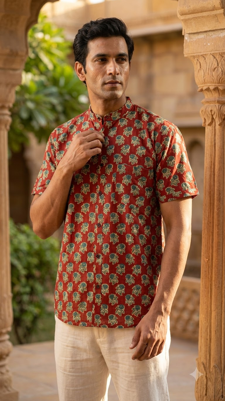 Floral Print Half Sleeve Cotton Shirt for Men - Mandarin