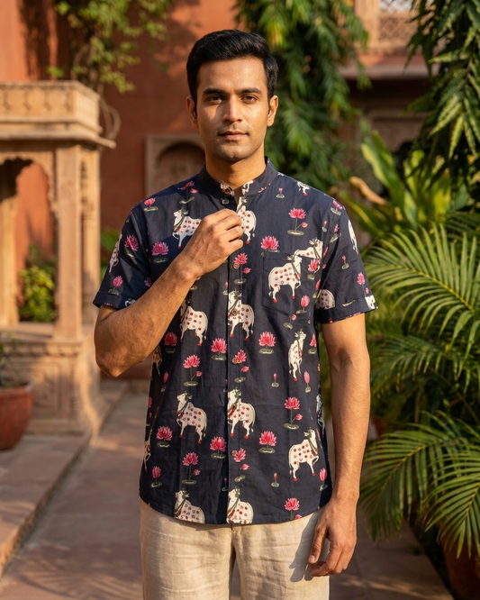 Pichwai Cow Half Sleeve Cotton Shirt for Men