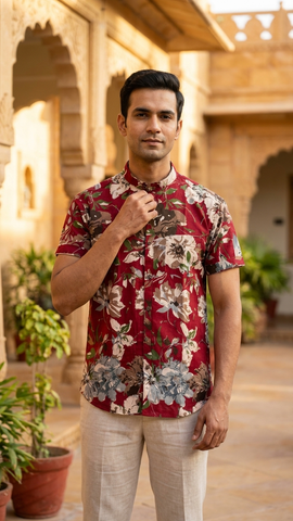 Classic Red Mandarin Collar Floral Cotton Shirt for Men - Goa Edit
