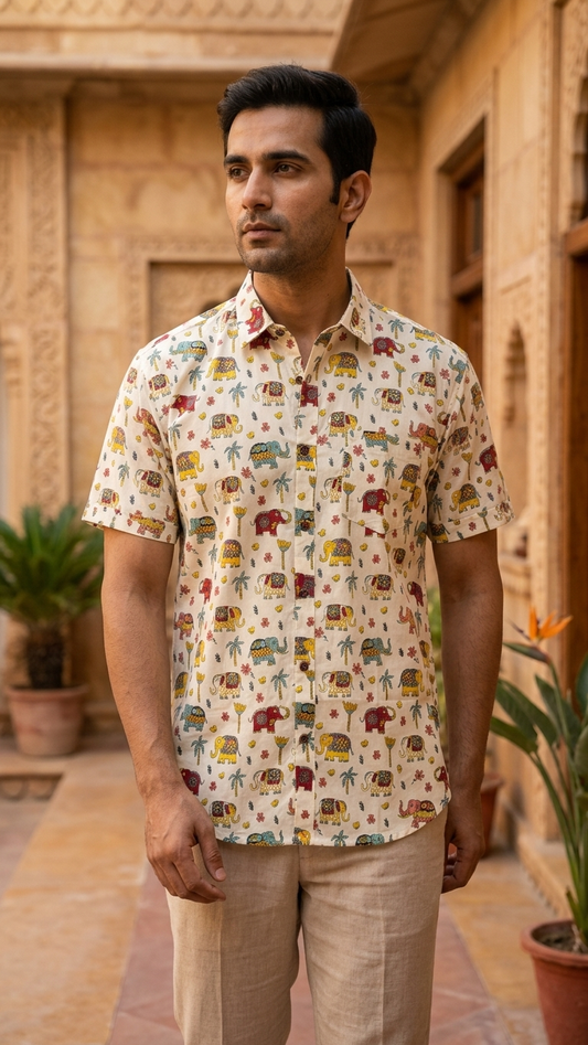 Traditional Elephant Print Cotton Shirt For Men