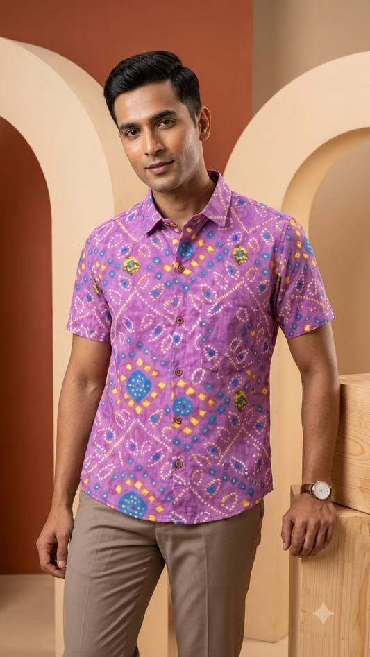 Purple Bandhej Print Men's Cotton Shirt