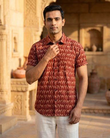 Camel Print Half Sleeve Cotton Men's Shirt