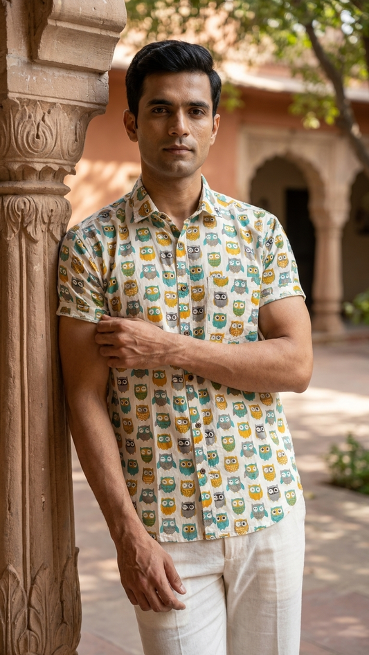 Cute Owl Print Cotton Half Sleeve Men Shirt