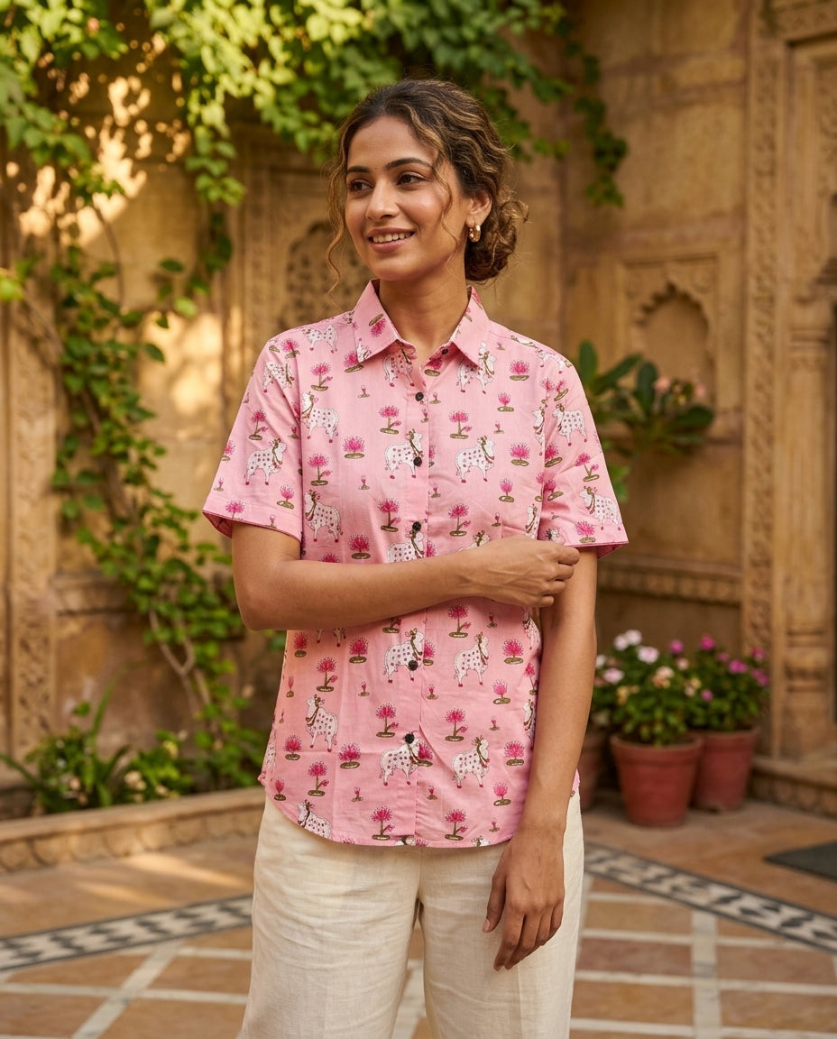 Pichwai Cow Printed Cotton Half Sleeve Shirt For Women