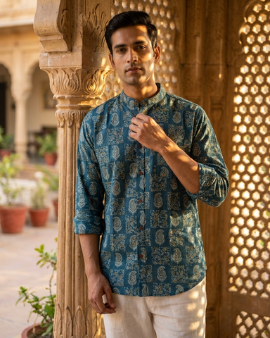 Kalamkari Print Mandarin Collar Cotton Shirt for Men