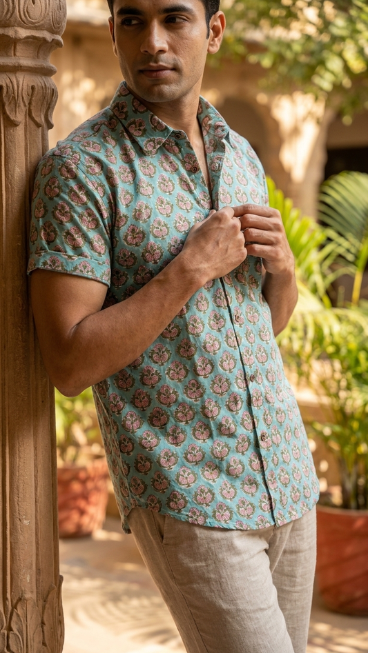 Classic Bagru Print Half Sleeve Cotton Shirt for Men