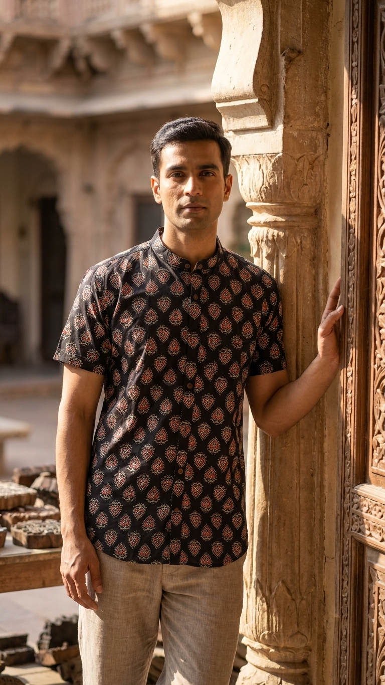 Kalamkari Print Half Sleeve Cotton Shirt for Men - Mandarin