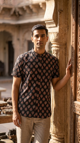 Kalamkari Print Half Sleeve Cotton Shirt for Men - Mandarin