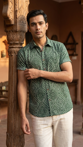 Mens Handcrafted Bandhej Print Cotton Shirt - Mehndi Ceremony