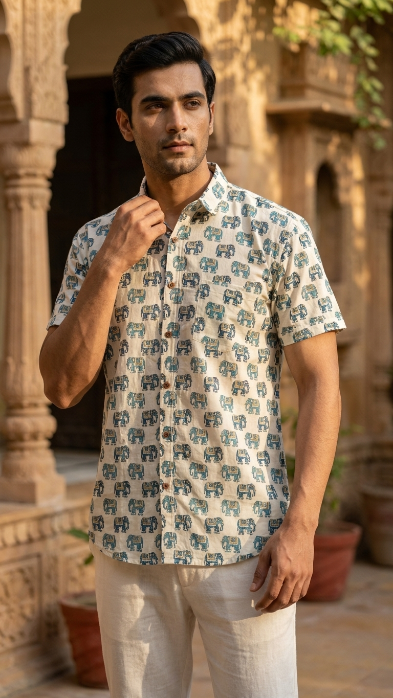 Traditional Vintage Elephant Print Cotton Shirt for Men