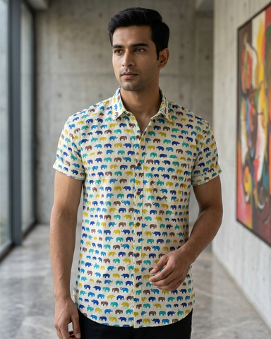Small Elephant Print Cotton Shirt for Men