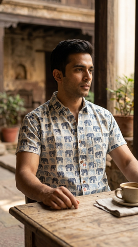 Traditional Elephant Print Cotton Shirt For Men